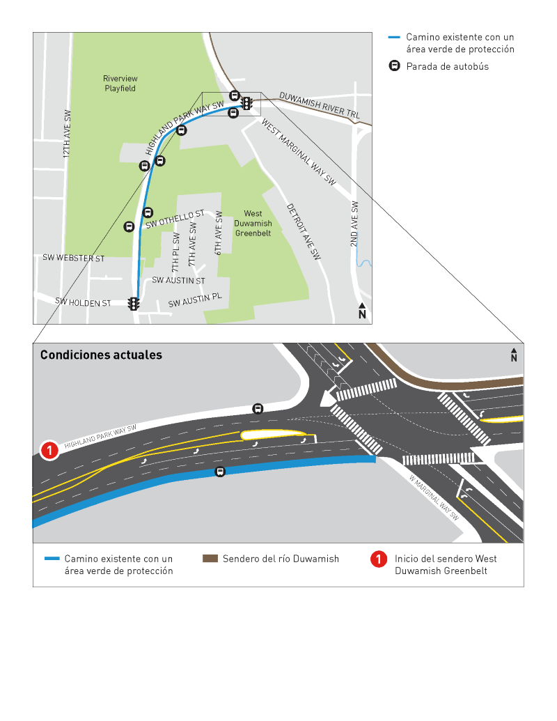 Un mapa de Highland Park Way Southwest que muestra una nueva ciclov&iacute;a protegida que sale de la Southwest Holden Street a la West Marginal Way Southwest con un gr&aacute;fico adicional a continuaci&oacute;n que muestra la parte ampliada del &aacute;rea del proyecto en la intersecci&oacute;n de Highland Park Way Southwest y la West Marginal Way Southwest. En el gr&aacute;fico ampliado del &aacute;rea del proyecto, se destaca la nueva ciclov&iacute;a protegida cuesta abajo, as&iacute; como una nueva barrera de concreto entre la carretera y la ciclov&iacute;a. Hay una abertura en la barrera de concreto en la parada de autob&uacute;s para que los autobuses puedan entrar y recoger pasajeros. Tambi&eacute;n se muestran la zona de protecci&oacute;n paisaj&iacute;stica y el sendero existentes. En la intersecci&oacute;n, la ciclov&iacute;a se eleva a la altura de la acera para que las personas que van en bicicleta puedan acceder a un nuevo cruce diagonal que conduce al sendero del r&iacute;o Duwamish.