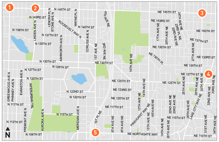A map showing number 1. Greenwood Ave N and N 145th St Number 2.  Linden Ave N and N 145th St Number 3. 30th Ave NE and NE 145th St &nbsp; Number 4. Lake City Way NE and NE 127th St Number 5. 1st Ave NE and NE Northgate Way &nbsp;