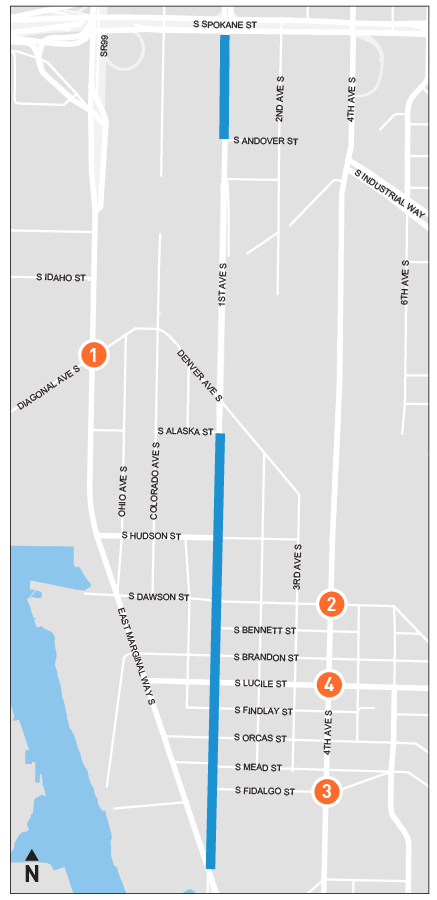 A map showing numbers 1 - 4 located at the intersections mentioned on this page.