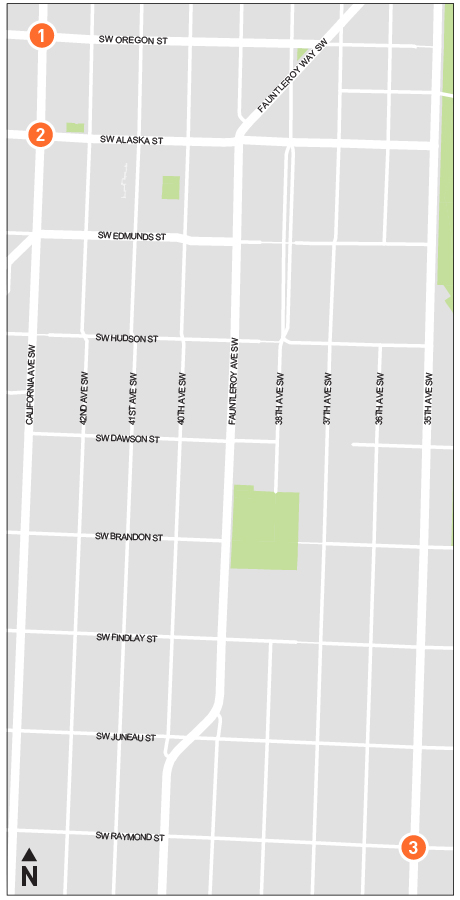 A map showing numbers 1 - 3 located at the intersections mentioned on this page.