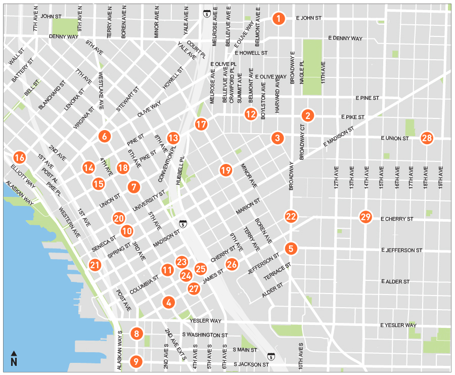 A map showing numbers 1 - 29 located at the intersections mentioned on this page.