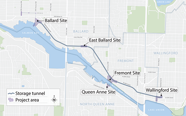 Detail map of Seattle from Ballard to Wallingford along Lake Washington Ship Canal.