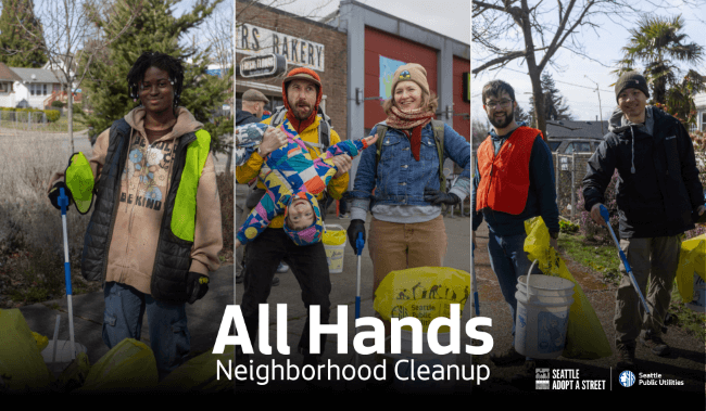 Volunteers cleaning up at various locations with the text All Hands Neighborhood Cleanup. 