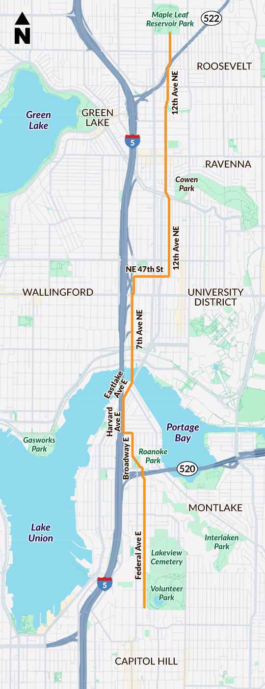 Map of pipe alignment in the Maple Leaf, Roosevelt, University District, Portage Bay, and Capitol Hill neighborhoods