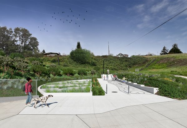 Rendering of the planned new sidewalk path and green infrastructure along the Chief Sealth Trail, near Wing Luke Elementary.