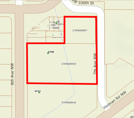 Map of the property between 7th and 8th Ave NW, and Holman Road and NW 100th St.