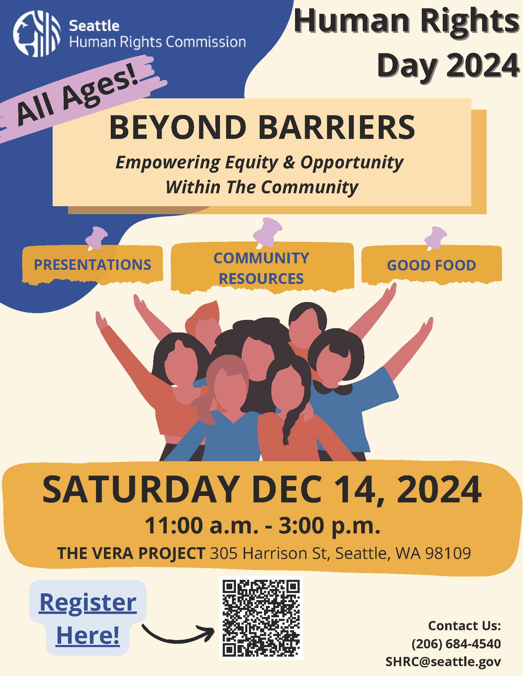 Event flyer promoting the SHRC's Human Rights Day Event: Beyond Barriers, Empowering Equity & Opportunity Within The Community.