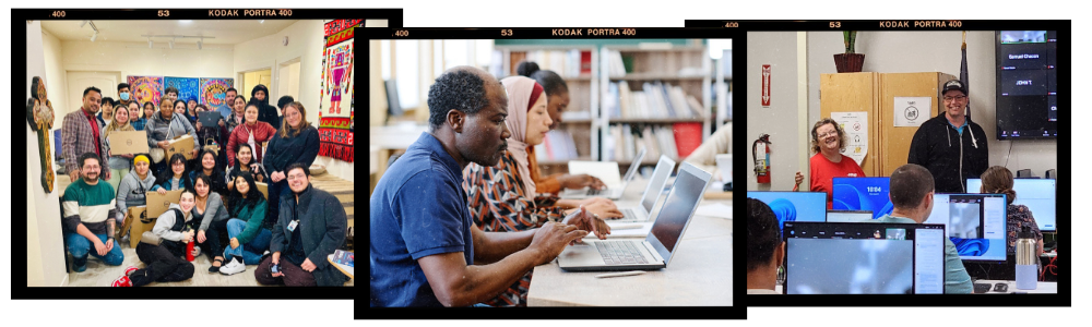 Three photo of community groups learning about technology