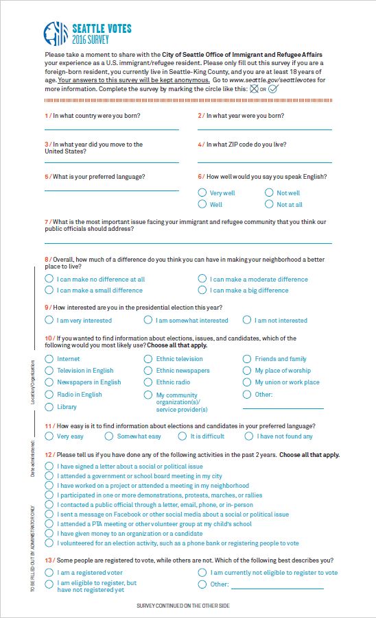 A screenshot of the print color version of the Seattle Votes Survey.