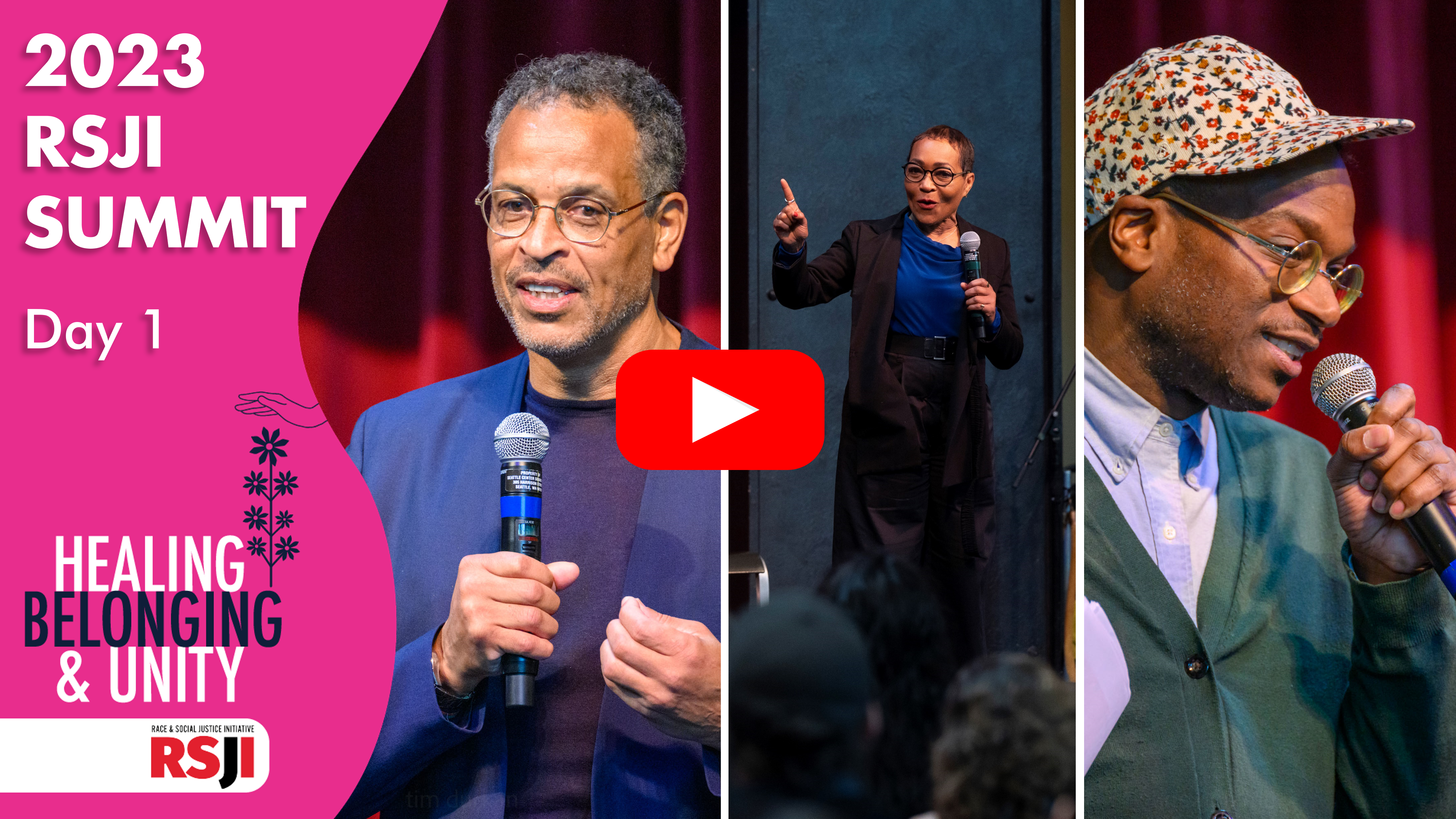 Thumbnail for 2023 RSJI Summit Staff Day Livestream recording. Text on the left side says, "Healing, Belonging, and Unity". There are three photos on the right sides of Summit speakers.