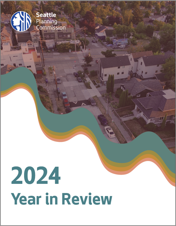 Cover page for 2024 year in review - cover image of an aerial view of a neighborhood with colorful wave shapes around the image. 