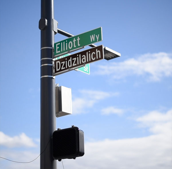 Sign showing Elliott Bay and the honorary name Dzidzilalich