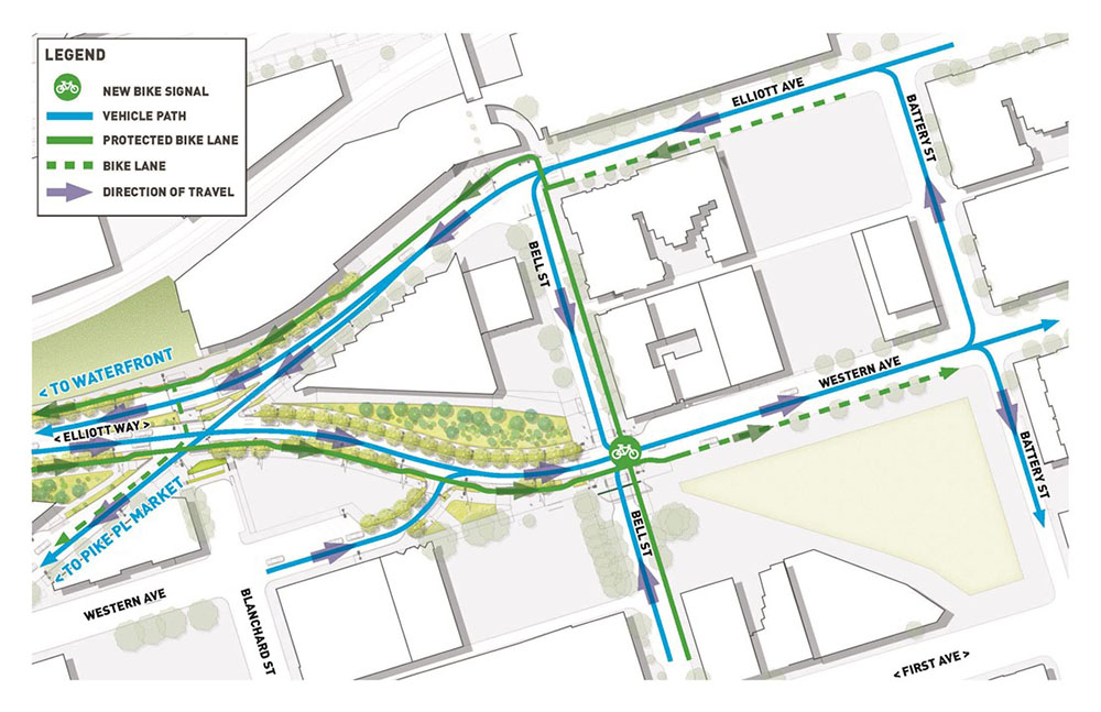 Map of project spanning two blocks of Bell St, between Elliott and 1st Ave. Bell St will remain one way eastbound between Elliott Ave and Western Ave, and one way westbound between Western Ave and 1st Ave. New bike signals will be added on Bell St at the Western Ave intersection. 