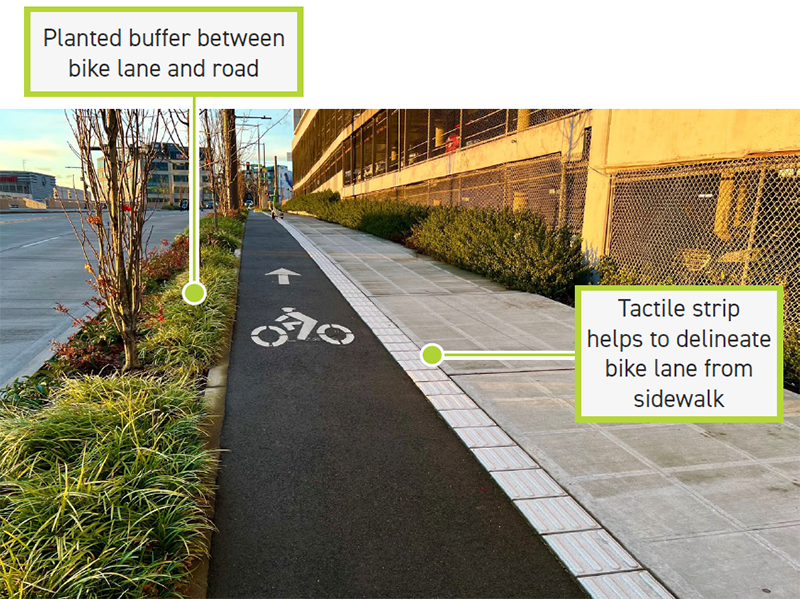 Protected bike lane showing a planted buffer between the bike lane and the road, and a tactile strip helps to delineate the bike lane form the sidewalk.