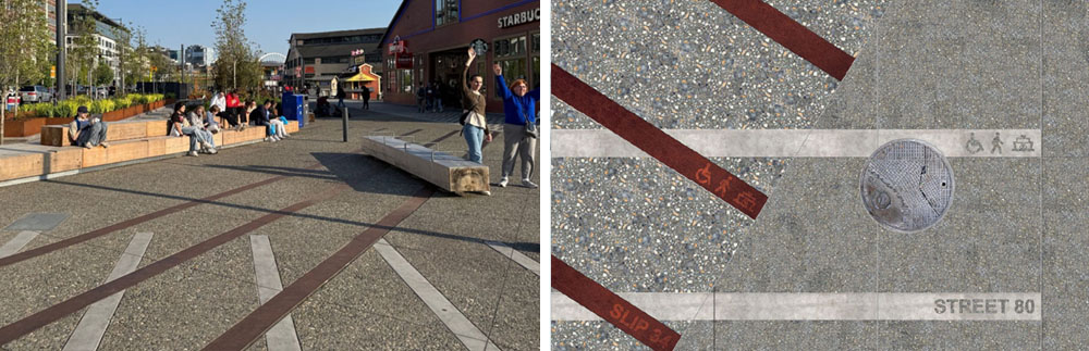 Embedded metal on the promenade showing old street and pier names