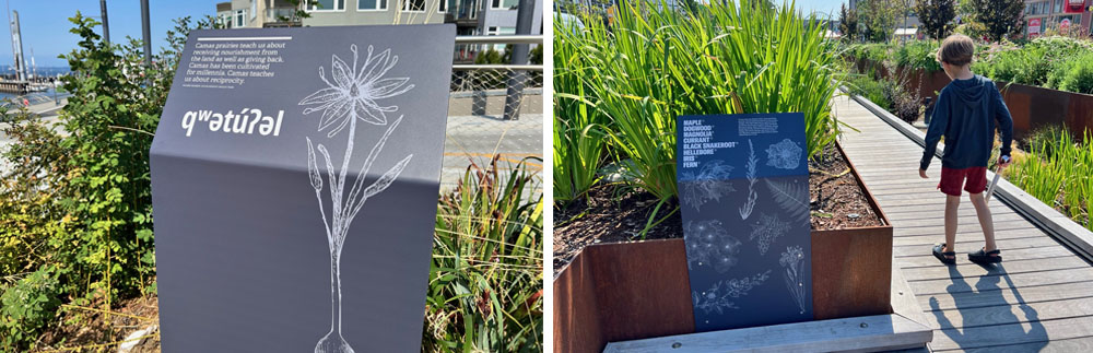On the left, a sign on Overlook Walk, on the right, a sign on the Park Promenade boardwalk