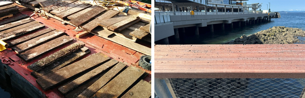 On the left is the eikki wood after being pulled off the seawall.  On the right are the completed top rails. 