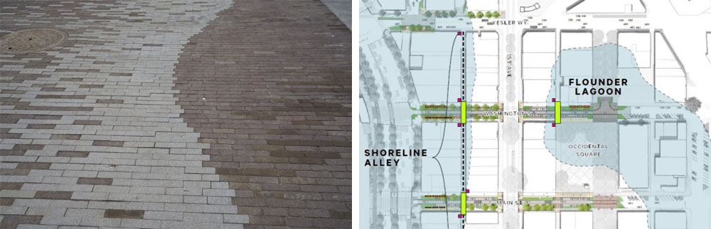 On the left and example of white and brown pavers in Pioneer Square, making a pattern.  On the right, a map showing original shoreline and lagoon in the Pioneer Square area. 