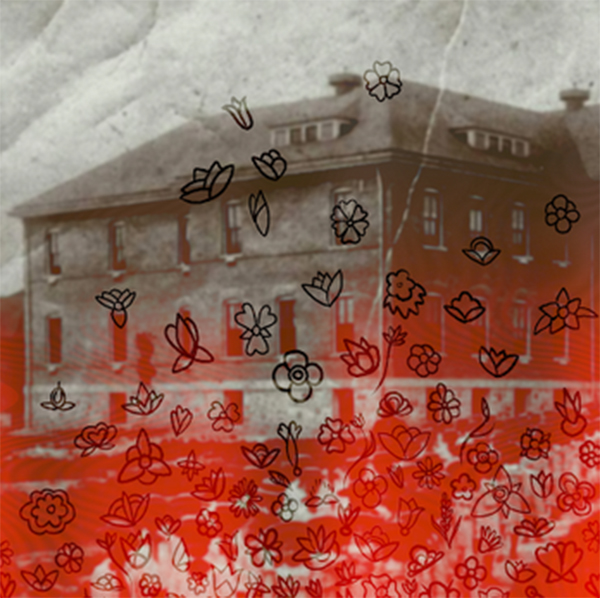 Red hues with black marker drawings of flowers on top of a black and white photo of a building.