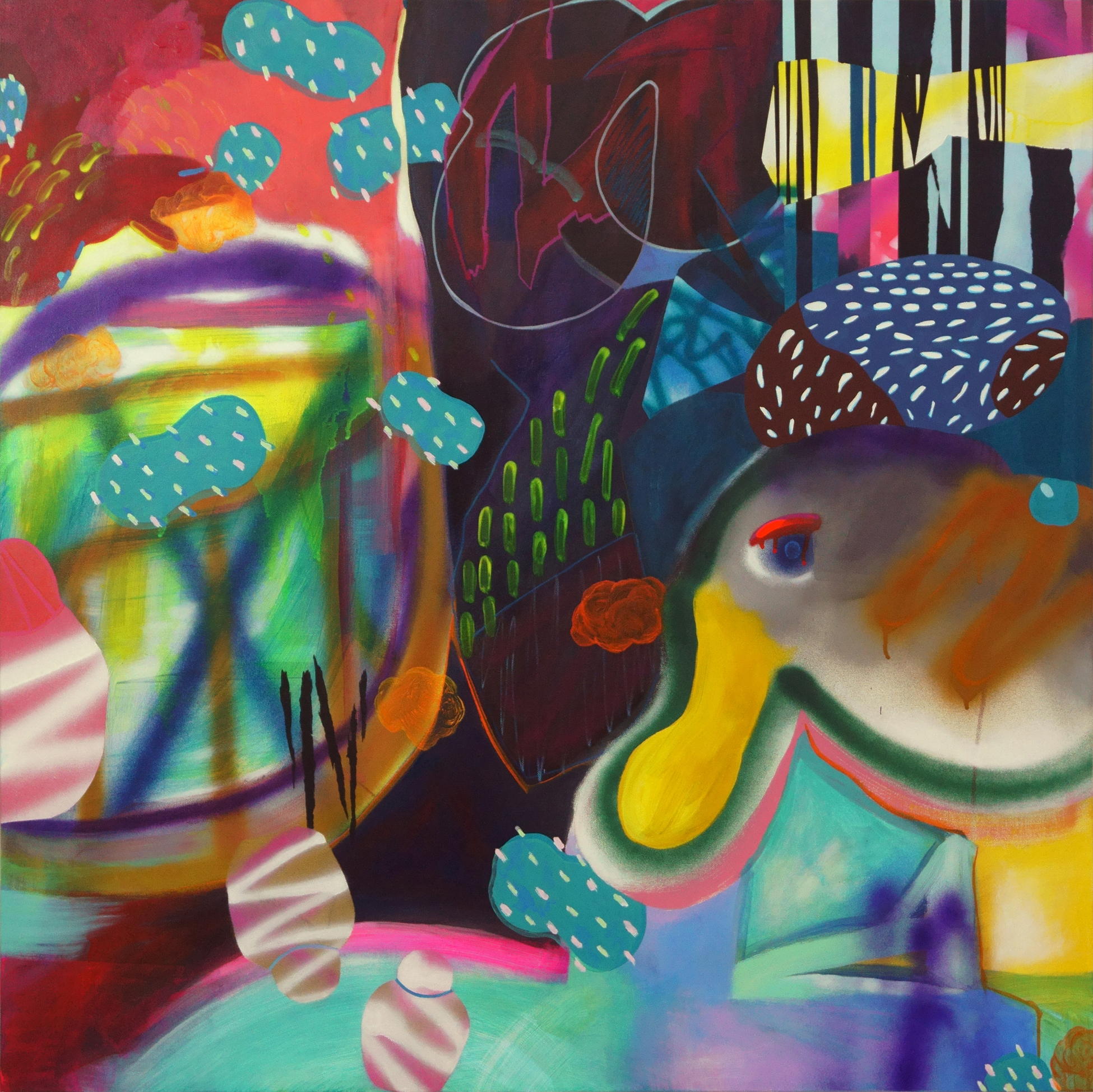 This painting was completely unplanned. I was interested in how a mark or a form leads to another. This call-and-response way of working is both exhilarating and nerve-wracking.