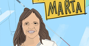 Cartoon illustration of Marta holding her white cane.