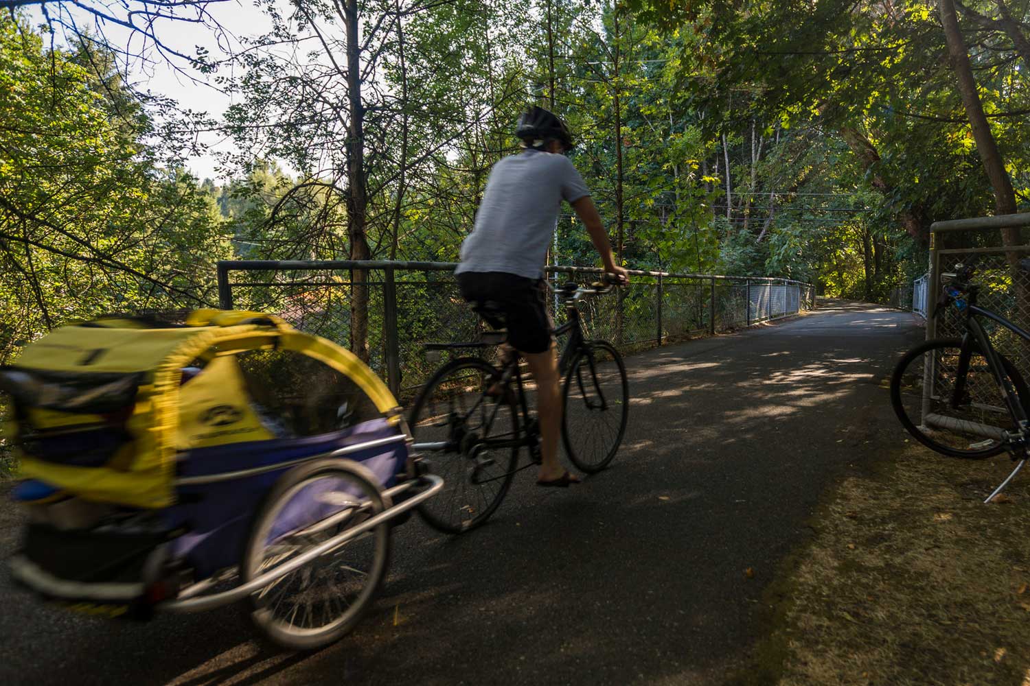 Burke-Gilman Trail bike rider towing carriage - photo by TIA International Photography