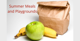 Stock image of a sack lunch, with "Summer Meals and Playgrounds" as text