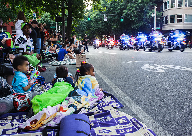 Motorcycle cops at the beginning of a parade.