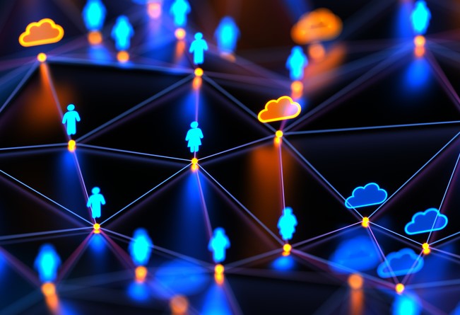 Blue and orange clouds connected to light blue human icons