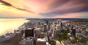 A sunset over the Seattle skyline