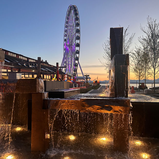 Many original features and structures are incorporated in the new Waterfront, such as the bronze historic FitzGerald fountain that was restored and reinstalled on Pier 58.