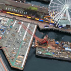 Most of Pier 58’s construction took place from the water. Concrete trucks with a boom arm reached over 200 feet to place concrete from the land side of the pier.